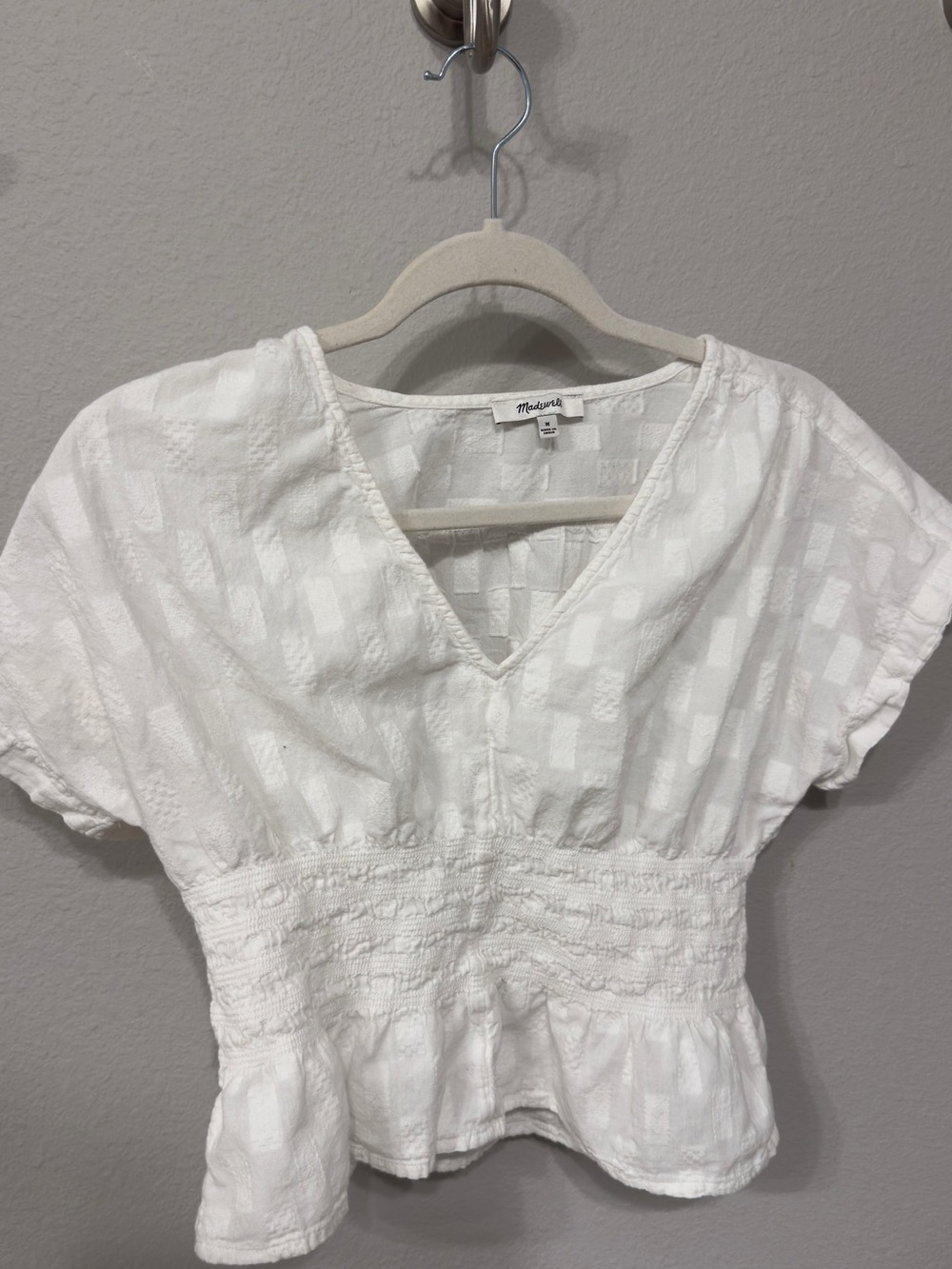 Madewell White Textured V-Neck Smocked Peplum Top